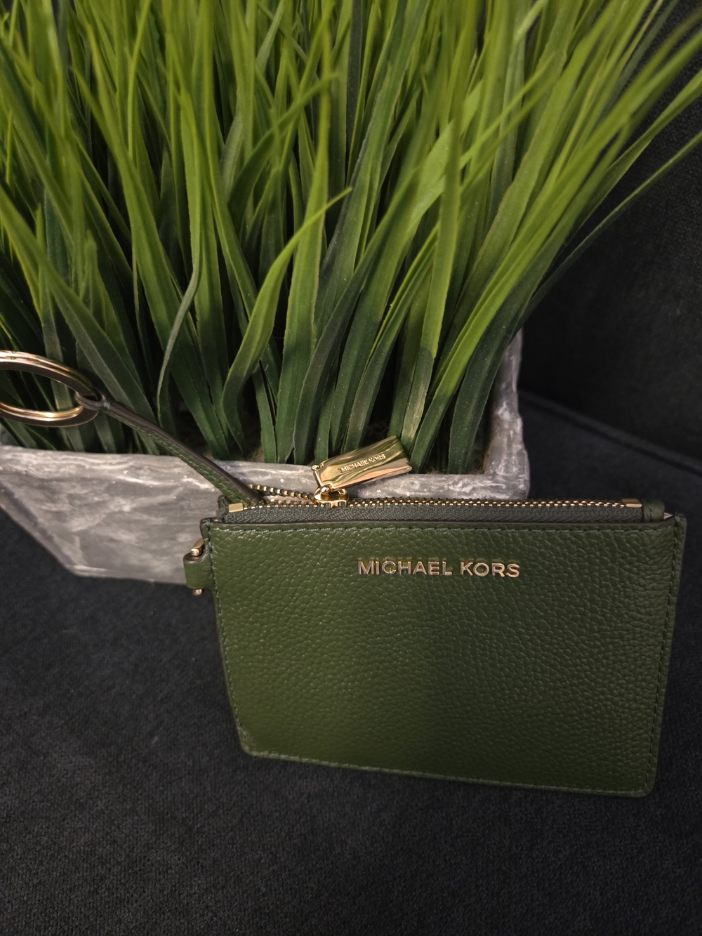 Michael Kors Olive Green Pebbled Leather Zip Card Pouch